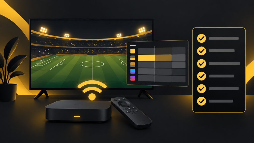 TV showing a football pitch beside a TV guide and checklist for testing an IPTV service